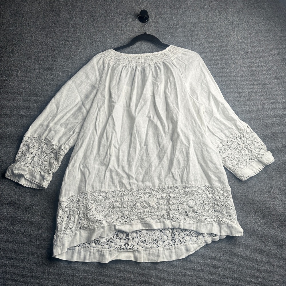 Charter Club Linen Lace Blouse Womens 2X White Boho Peasant Top Smocked Crochet - Picture 3 of 8
